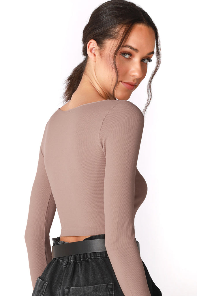 Ribbed Surplice Crop Top in ALMOND