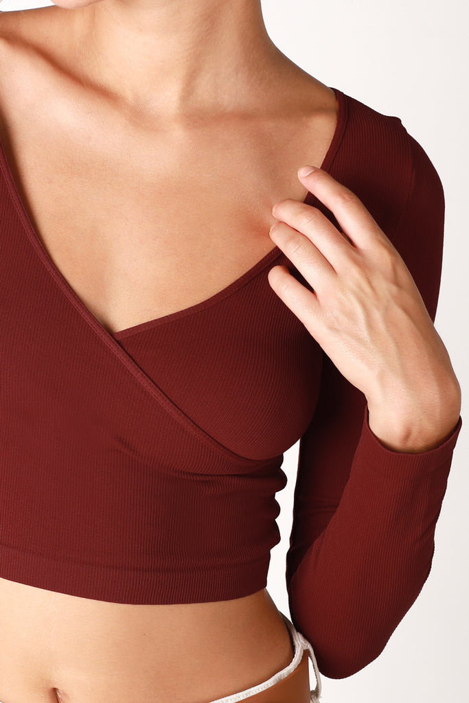 Ribbed Surplice Crop Top in SUNDRIED TOMATO