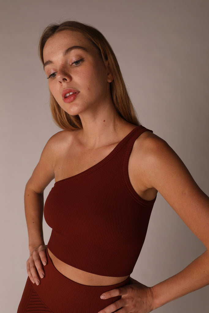 One Shoulder Ribbed Bra in Fired Brick