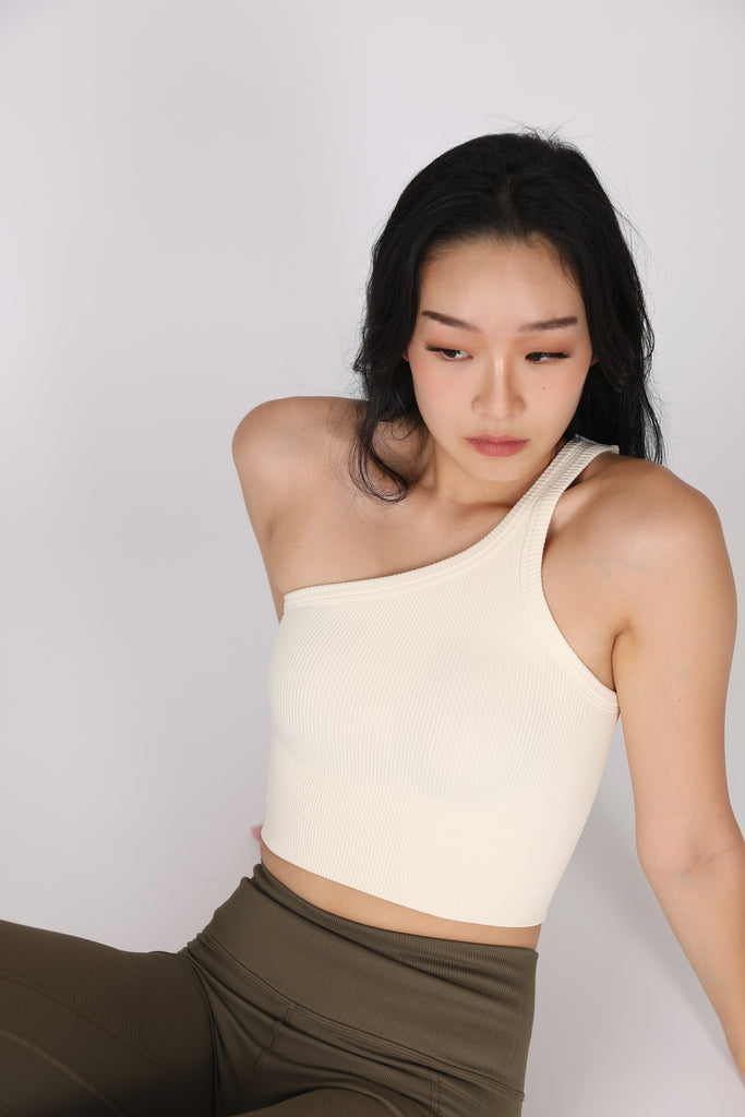 One Shoulder Ribbed Bra in ANTIQUE WHITE