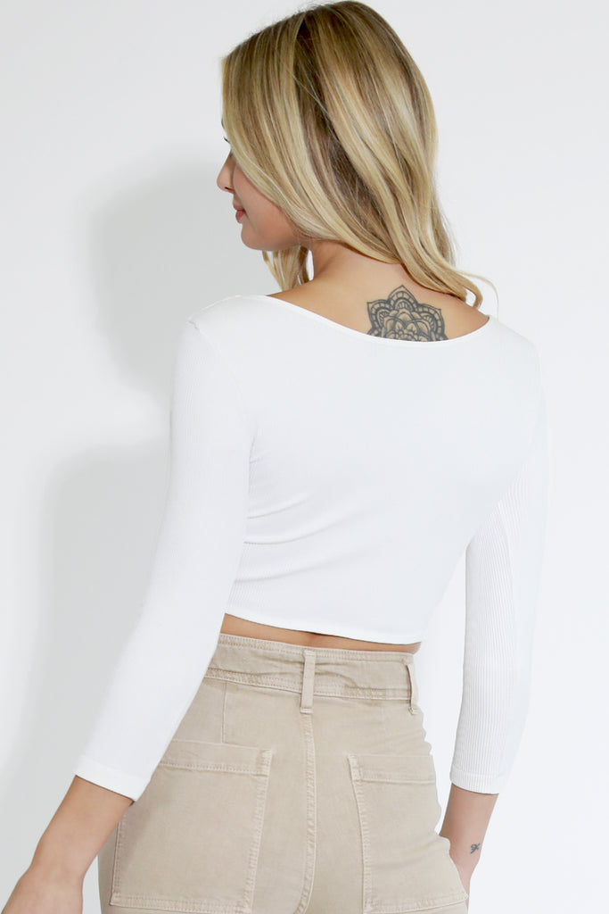3/4 Sleeve Ribbed Halter Crop Top in WHITE