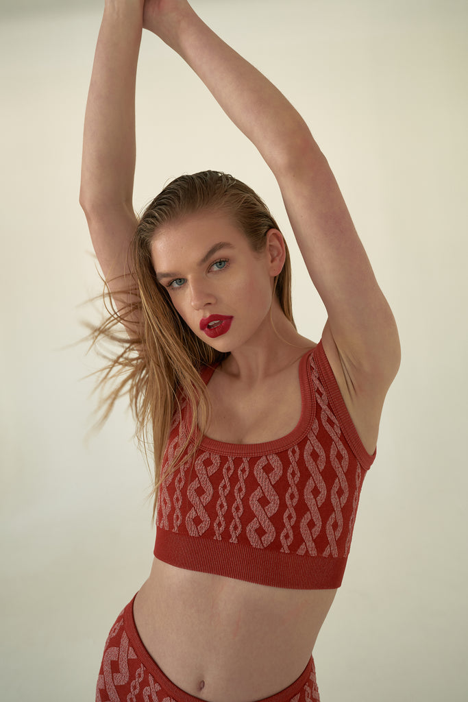 DISTRESSED CHARLIE CABLE KNIT BRA in  CINNABAR